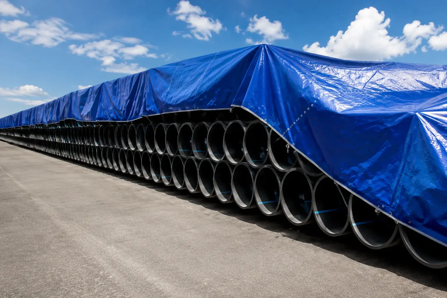 Tuberías industriales protegidas con manta azul de gran formato